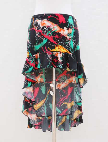 レッド×グリーンのスプラッシュ柄がまるで花火のよう！フィッシュテールタイプのベリーダンスヒップスカーフ【ベリーダンス衣装／レッスン着】