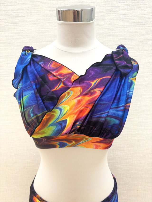 青ベースのマーブル柄！肩のリボンがキュートなベリーダンス トップス【ベリーダンス衣装/レッスン着】