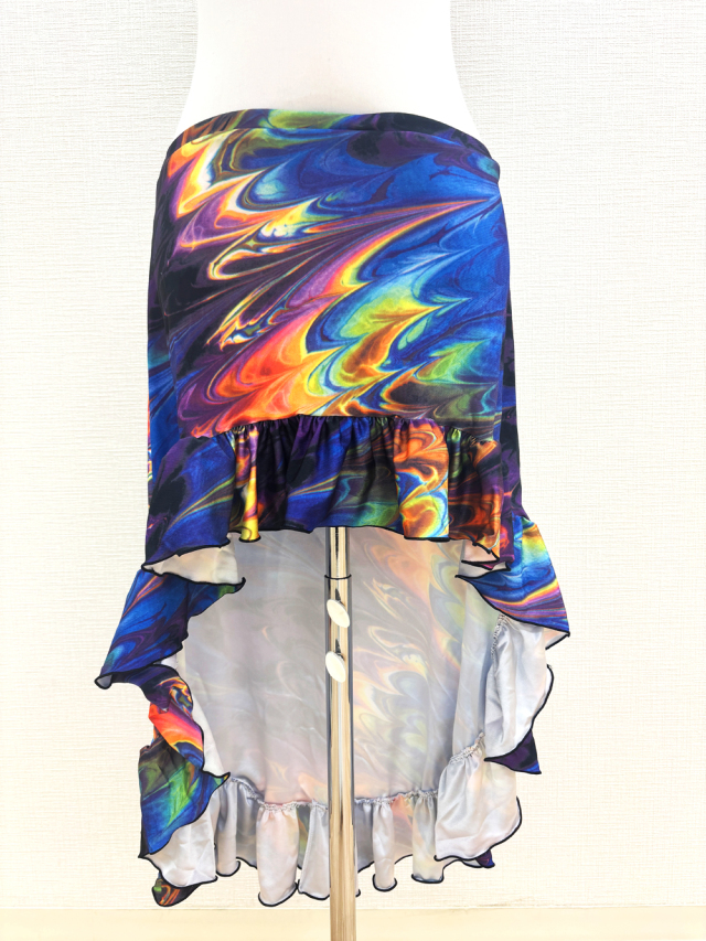 大人っぽい！鮮やかなマーブル柄！フィッシュテールタイプのベリーダンスヒップスカーフ（オーバースカート）【ベリーダンス衣装／レッスン着】