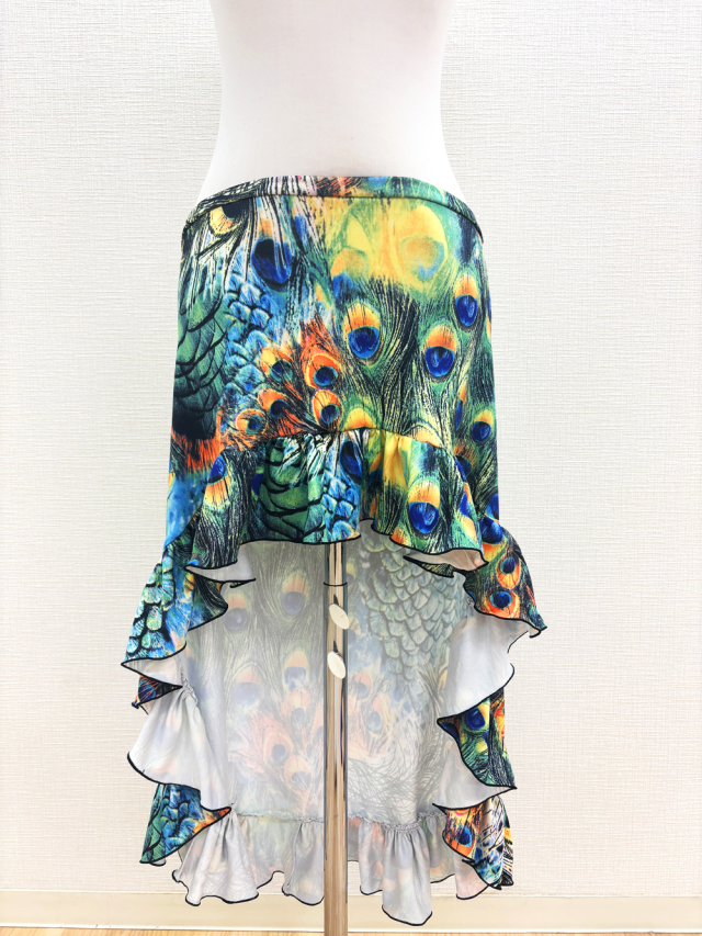 孔雀柄がオシャレ！フィッシュテールタイプのベリーダンスヒップスカーフ（オーバースカート）【ベリーダンス衣装／レッスン着】