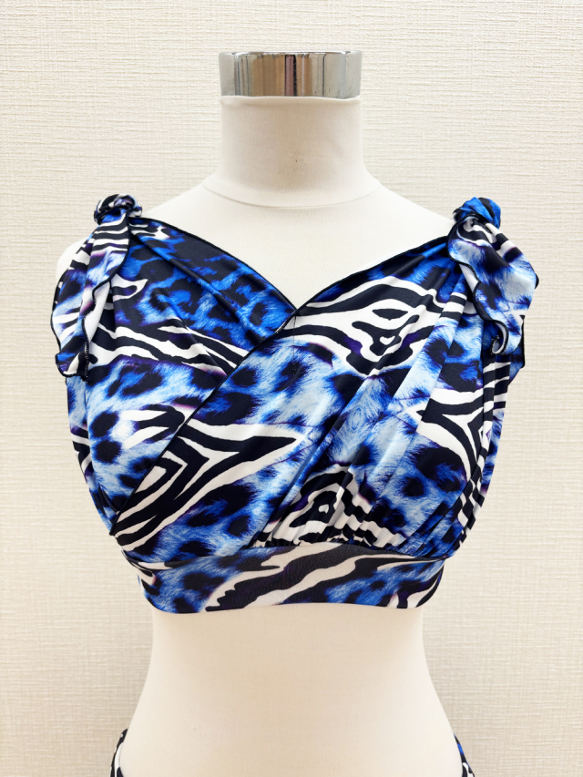 青ベースのゼブラ＆豹柄ミックス！肩のリボンがキュートなベリーダンス トップス【ベリーダンス衣装/レッスン着】