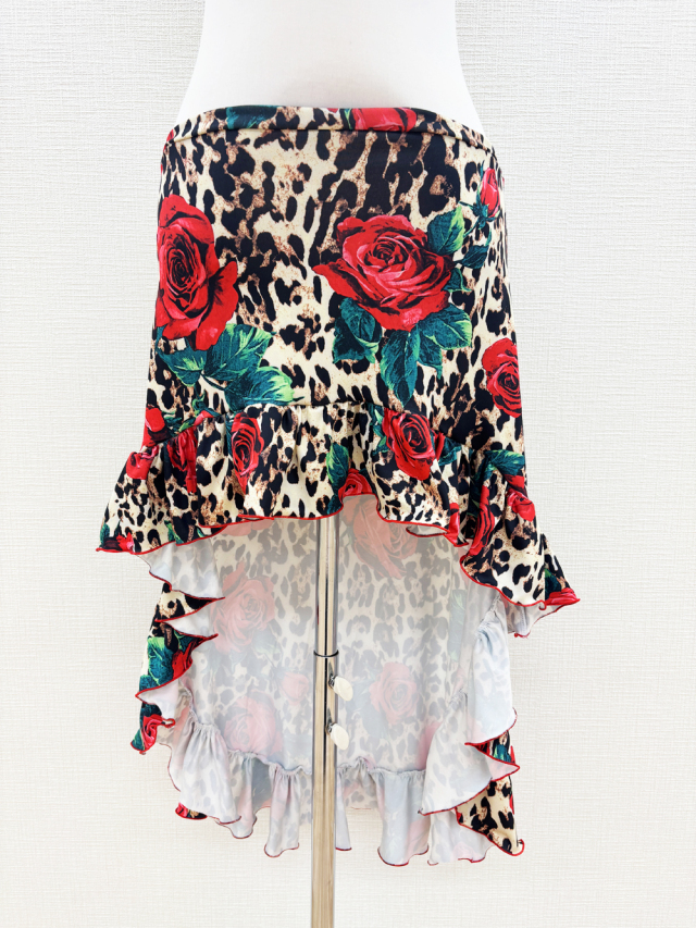 赤バラ×豹柄！フィッシュテールタイプのベリーダンスヒップスカーフ（オーバースカート）【ベリーダンス衣装／レッスン着】