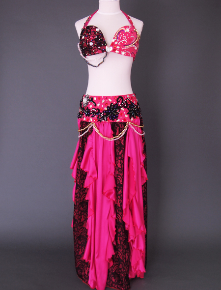 ベリーダンス衣装】ピンク×黒のレース生地がゴージャス  