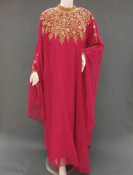 【ベリーダンス衣装】大人気のピンク！首元と腕のストーンが豪華で美しい！【ガラベーヤ/カフタンドレス】