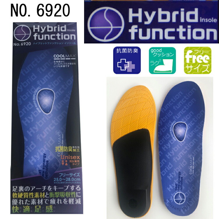 喜多 HYBRIDインソール 中敷き 6920 Fサイズ（25.0-28.0cm) 抗菌防臭 衝撃吸収 ハイブリッド 吸水速乾 フィット クッション性 疲れ軽減 快適 通気性 ムレにくい 安全靴 長靴 作業靴 目玉