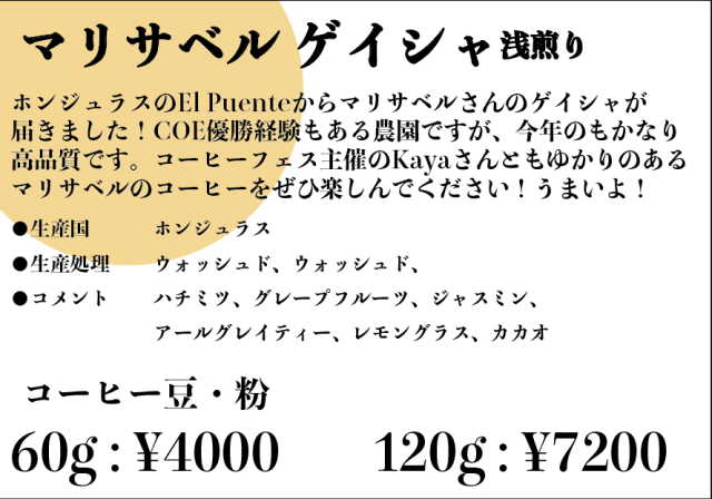 【Coffee Pairing Fes 後夜祭】マリサベル ゲイシャ 60g