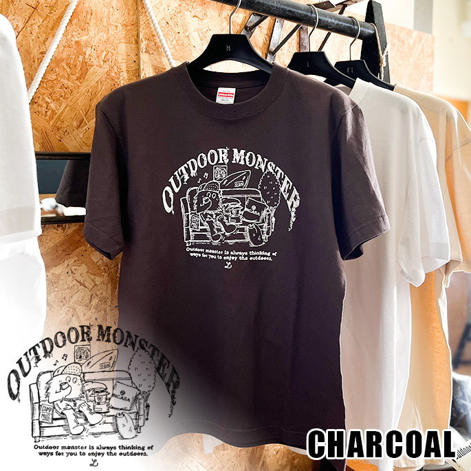 半袖シャツ BICASAオリジナル アウトドアモンスター Tシャツ チャコール（白字モンスター） OUTDOOR MONSTER MOUSOU-ASOBI（BICASA） T-shirt Charcoal