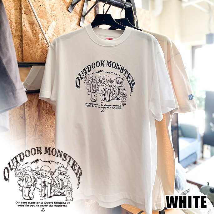 半袖シャツ 802プロダクツ 802PRODUCTS アウトドアモンスター Tシャツ ホワイト（黒字モンスター） OUTDOOR MONSTER 802-KOBO’S（802） T-shirt White
