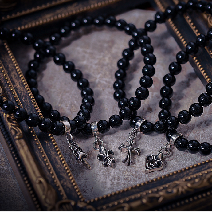 モチーフ チャーム オニキス ブレスレット 天然石 シルバー925 シルバーパーツ クロス リリーフレア ダガー ハート 十字架 ゴシック パワーストーンブレスレット 6mm玉