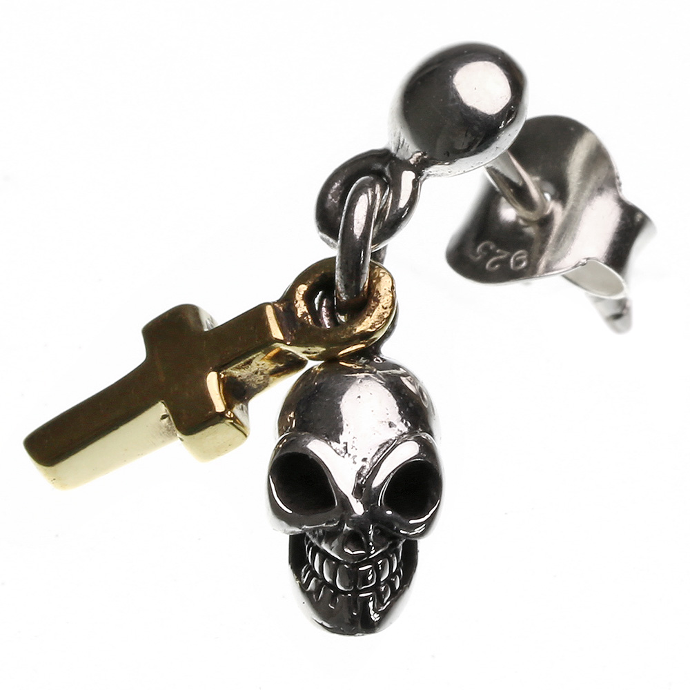 スカル ゴールド クロス ピアス シルバー アクセサリー [シルバーピアス] 片耳用(1個売り)