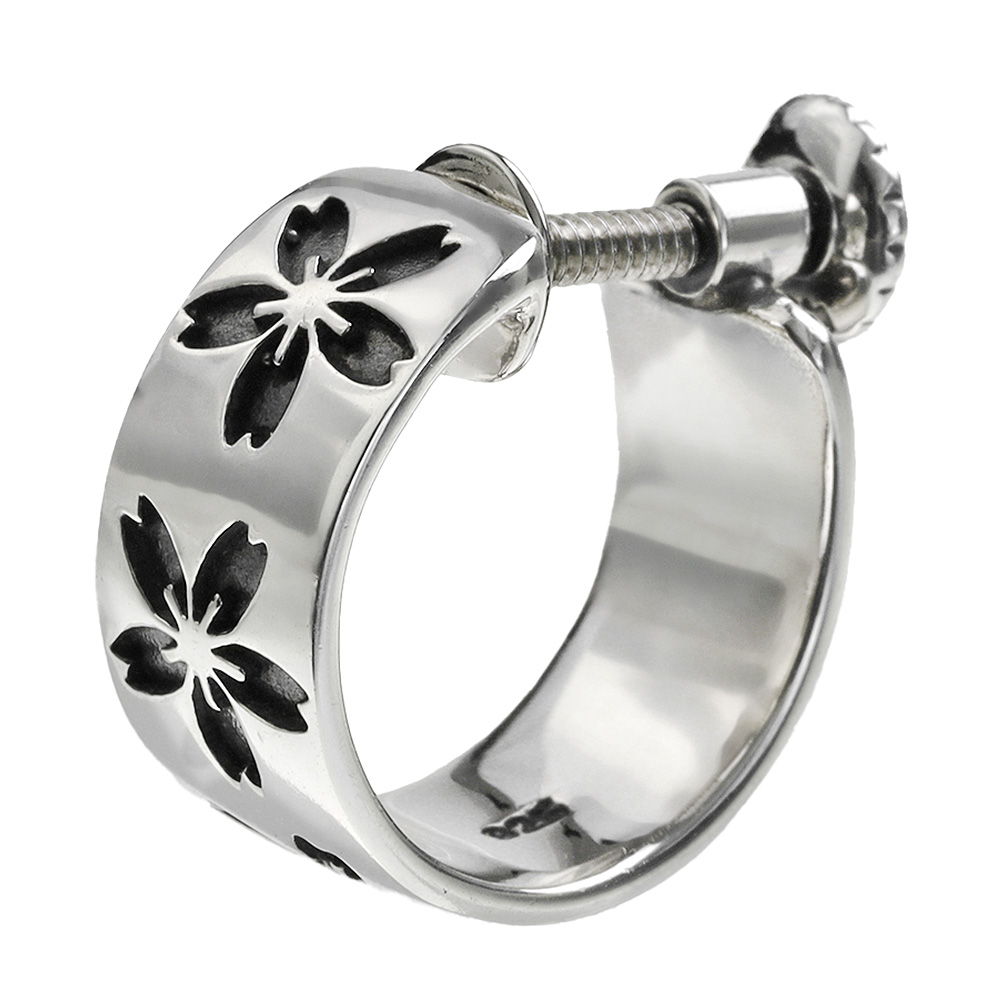 ワイド サクラ イヤリング メンズ レディース シルバー925 アクセサリー ネジ式 スクリュー ノンホール ピアス穴不要 桜 さくら [シルバーピアス] 片耳用 (1個売り)