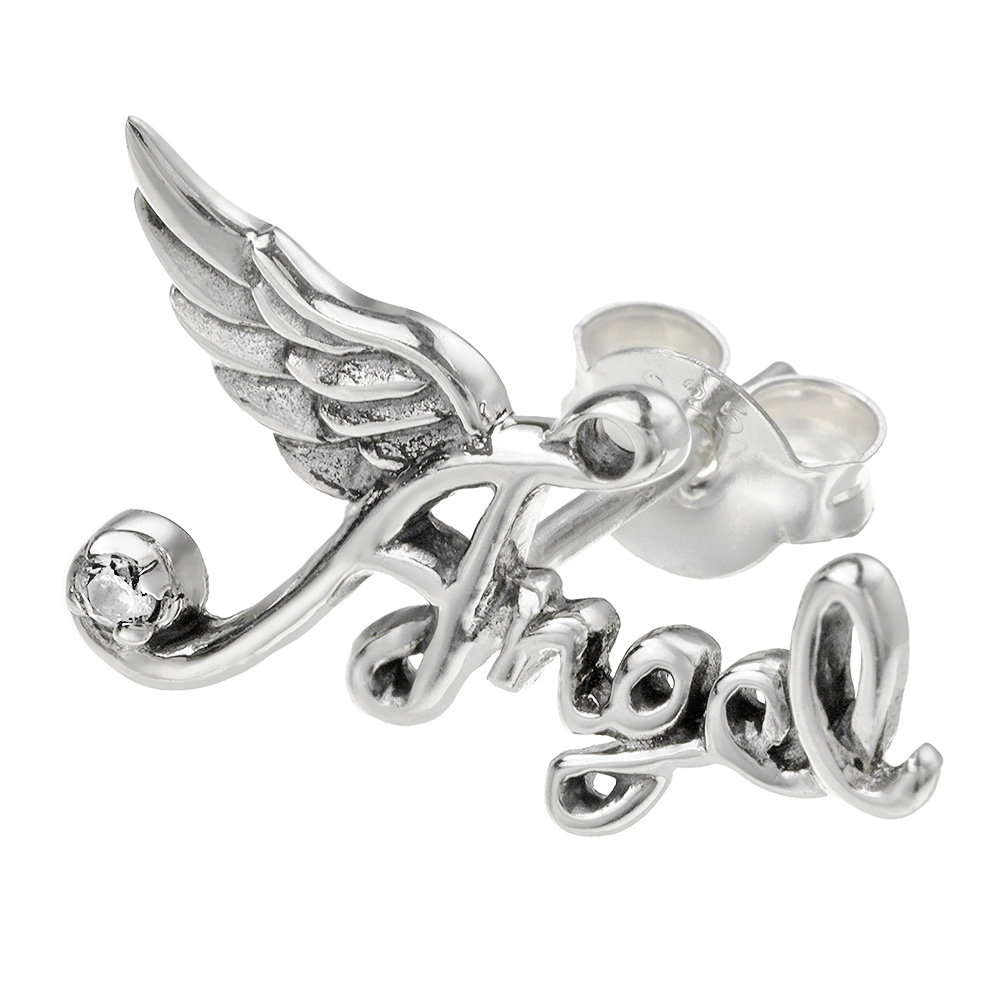 エンジェル ジルコニア ピアス メンズ レディース シルバー925 アクセサリー ジルコニア ユニーク 筆記体 天使 羽根 ウィング [シルバーピアス] 片耳用 (1個売り)