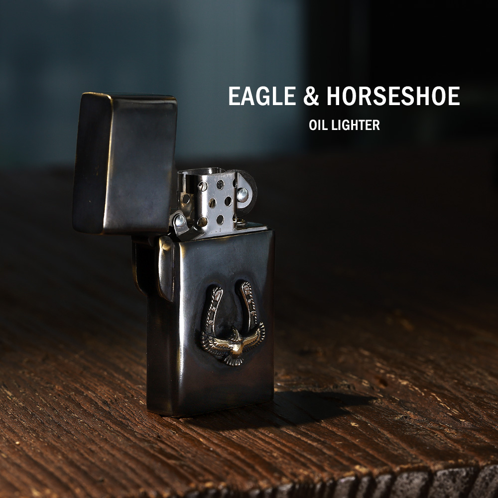 イーグル ホースシュー ブラックカラー オイルライター スリム 真鍮 ブラス アンティーク風 古美仕上げ ライターケース[真鍮]