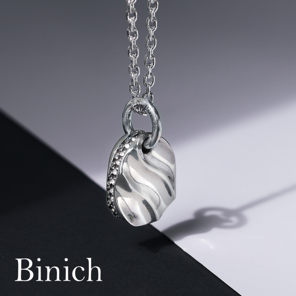 サイド ジルコニア ウェーブ ペンダント メンズ ネックレス ≪2mmアズキチェーン≫ アクセサリー  [シルバーペンダント]