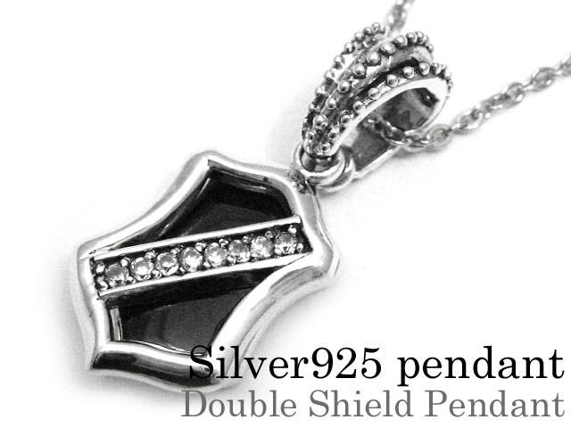 ダブルシールドオニキス ペンダント ≪3mmアズキチェーン≫ メンズ ネックレス シルバー アクセサリー [シルバーペンダント]