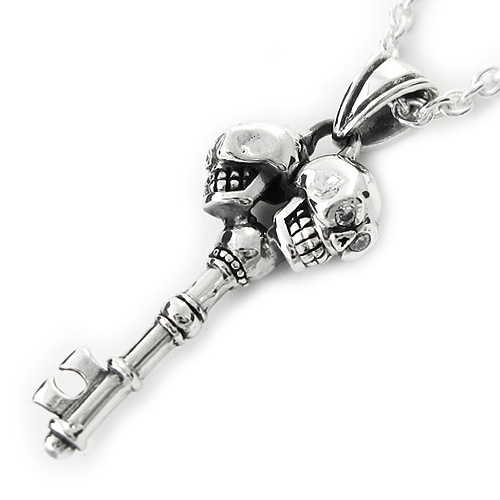 ダブル スカル キー ペンダント ≪3mmアズキチェーン≫ メンズ ネックレス シルバー アクセサリー [シルバーペンダント]