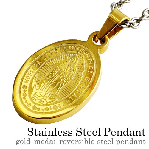 ゴールドメダイリバーシブルスチール ペンダント ≪2mmアズキスチールチェーン≫ コイン アクセサリー [ステンレスペンダント]
