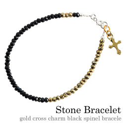 ゴールド クロス チャームブラックスピネル ブレスレット 天然石
