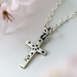 桜 透かし彫り クロス ペンダント ≪1.5mm4面カットアズキチェーン割引セット≫ メンズ レディース ネックレス サクラ さくら 和 [シルバーペンダント]