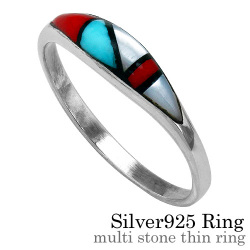 マルチストーンシン リング シルバー 天然石 ネイティブ ズニ族 インレイ 指輪 [シルバーリング]
