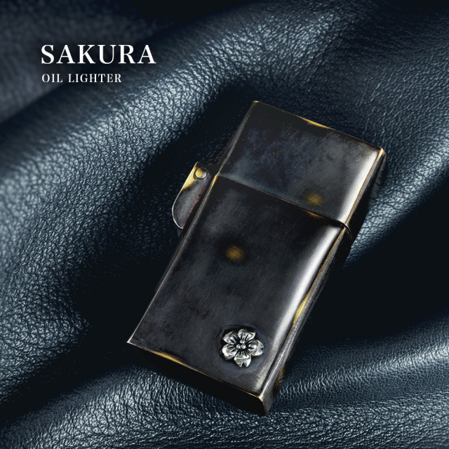 桜 ブラックカラー オイルライター スリム 真鍮 ブラス アンティーク風