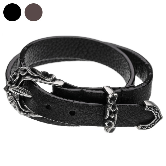 ブラックレザーブレスレット シルバー色バックル ヴァイン バックル レザー ブレスレット (全2色) メンズ シルバー