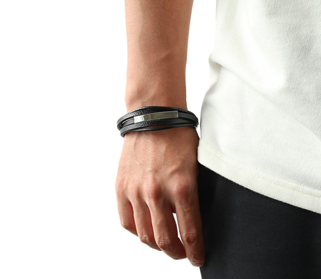 IDプレート レイヤード レザー ブレスレット アクセサリー メンズ 革