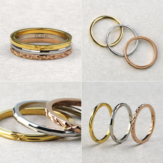 ピンク ゴールド デザイン カッティング 3連 リング ステンレス
