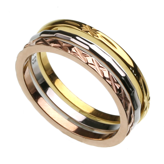ピンク ゴールド デザイン カッティング 3連 リング ステンレス