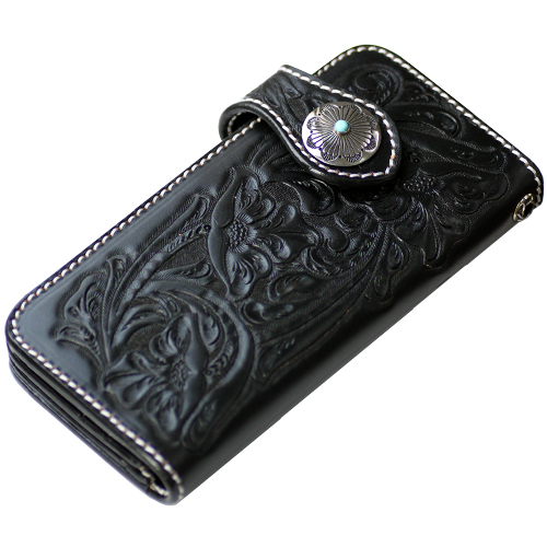 フラワーカービングブラックレザーウォレット｜牛革財布｜送料無料