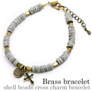 シェルビーズ クロス チャーム ブレスレット 天然石 貝 真鍮