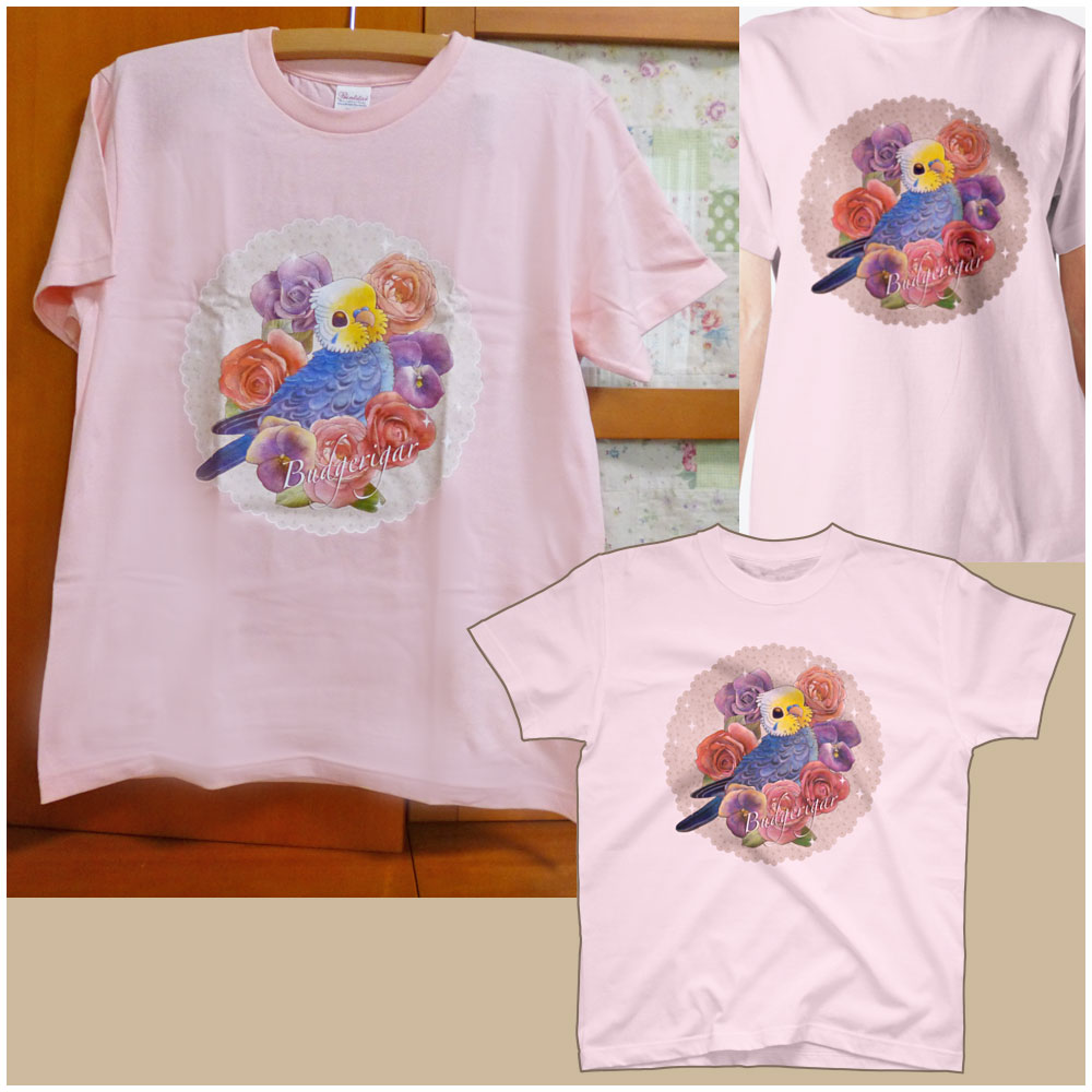 【あにまるめいと】★インコTシャツM/バラとセキセイ