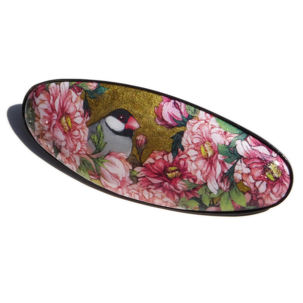 金乃嘴】花鳥バレッタ・黒金牡丹/文鳥・並 鳥専門店 BIRD MORE