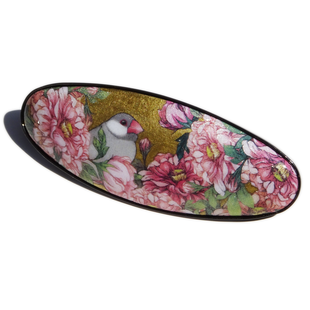 【金乃嘴】花鳥バレッタ・黒金牡丹/文鳥・シルバー