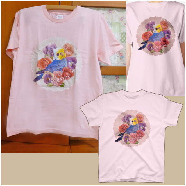 【あにまるめいと】★インコTシャツM/バラとセキセイ