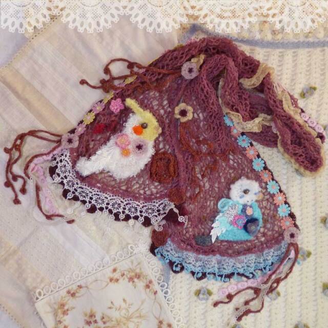 【あにまるめいと】★ウール混ネット編みストール／オカメ、セキセイ