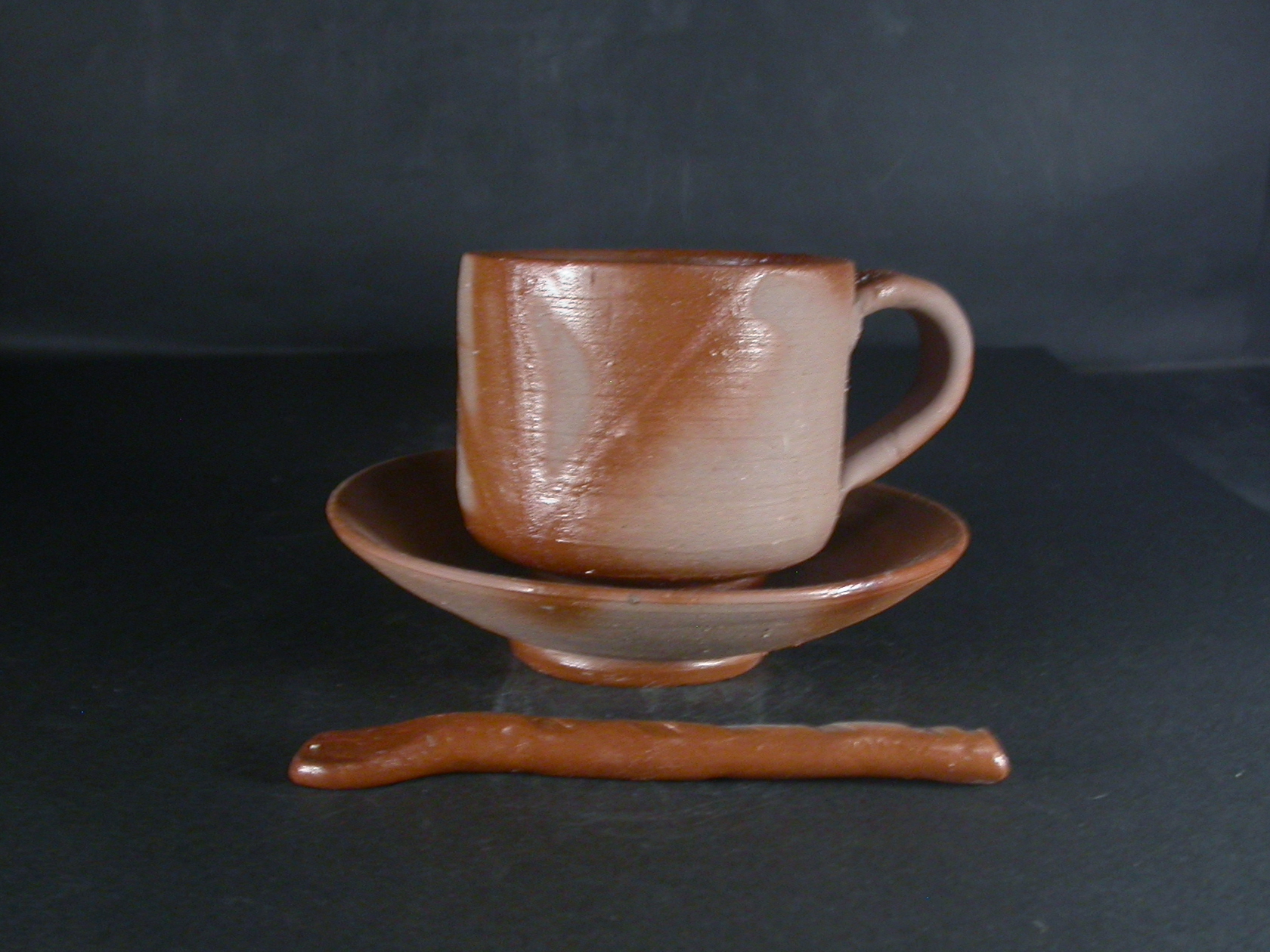 備前焼　登窯　備前焼中堅作家　片岡　聖観　 皿・スブーン付き緋襷コーヒーカップ２５