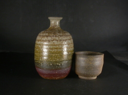 備前焼　登窯　備前焼中堅作家　永末　隆平　共箱付き黄・青ゴマ酒器セット４