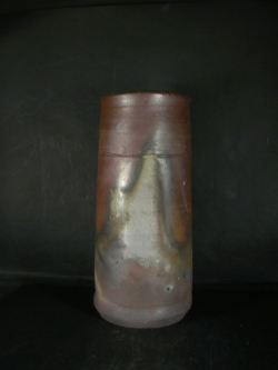 備前焼　登窯　岡山県無形文化財　吉本　正　共箱付き大振りな桟切り筒花入１