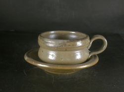 備前焼　登窯　備前焼中堅作家　竹内　靖之（山本）　最新作皿付き金彩・黄ゴマ青備前コーヒーカップ１２