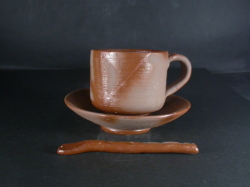 備前焼　登窯　備前焼中堅作家　片岡　聖観　 皿・スブーン付き緋襷コーヒーカップ２５