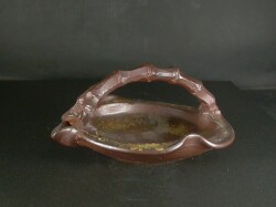 月間特価品　備前焼　登窯　備前焼中堅作家　竹内　靖之（山本）　最新作竹節手付き緋襷・黄ゴマ片口皿１