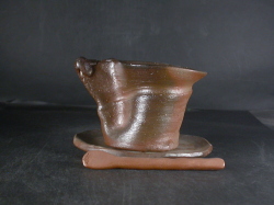 備前焼　備前焼中堅作家　片岡　聖観　 皿・スプーン付き緋襷・黄ゴマコーヒーカップ７