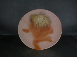 備前焼　備前焼中堅作家　片岡　聖観　１９．５センチ緋襷・黄ゴマ皿１２