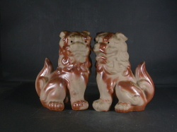 備前焼　登窯　備前焼中堅作家　片岡　聖観　緋襷・黄ゴマ獅子置物一対１