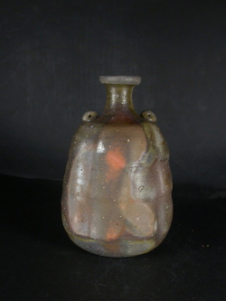 備前焼　登窯　備前市無形文化財　三代藤原　楽山　四方桟共箱付き窯変焼酎保存用大徳利花入１