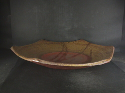 同梱不可　備前焼　登窯　備前焼中堅作家　柴岡　守　４１センチ緋襷・黄ゴマ六角大皿１