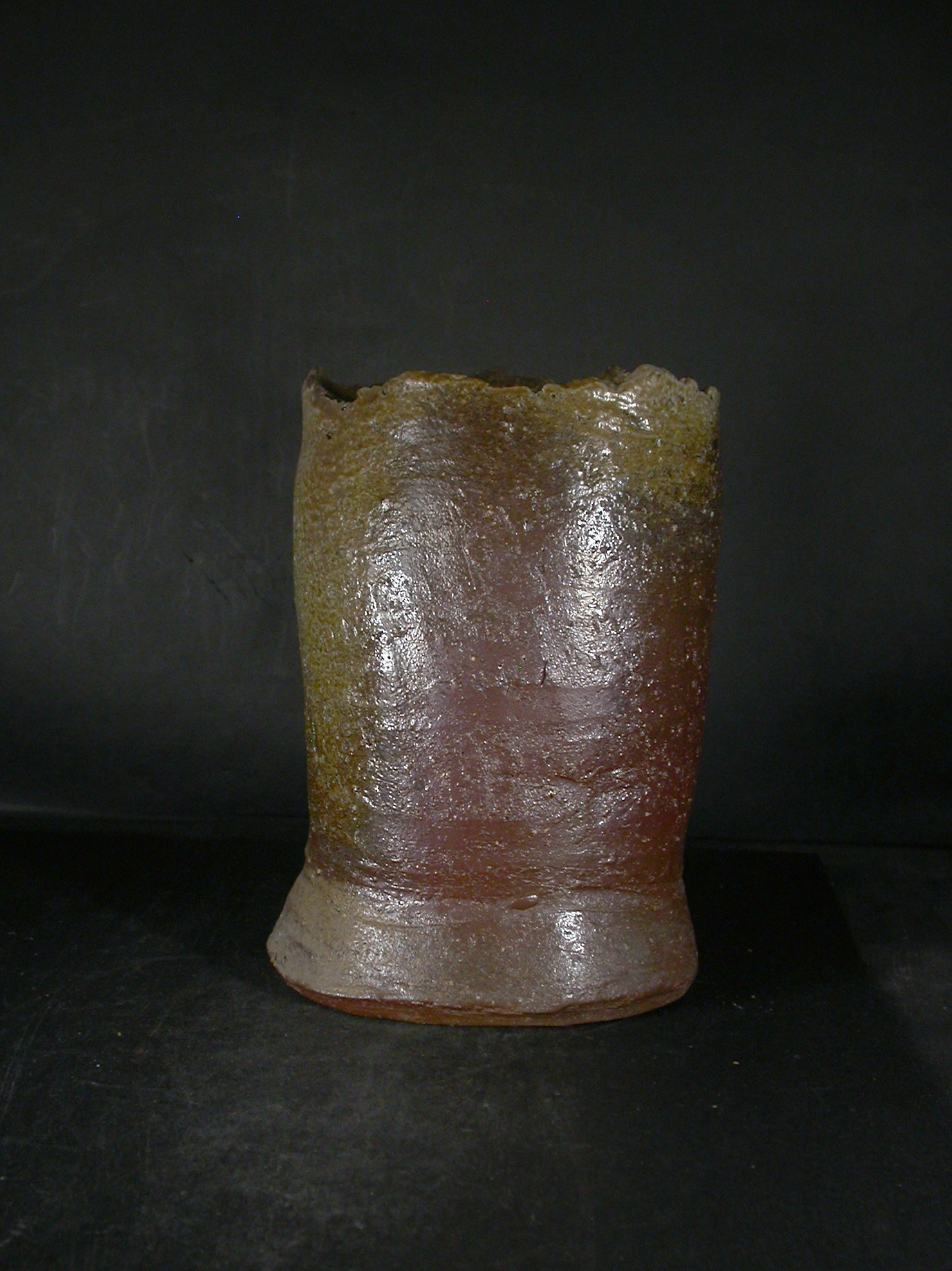 備前焼　穴窯　備前焼物故作家　前嶋　五一郎　手捻り黄ゴマ扁壷花入８9