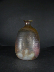 備前焼　登窯　備前焼名門作家　伊勢崎　紳　共箱付き桟切・黄ゴマ焼酎保存用大徳利花入１