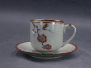 九谷焼　九谷　陶秀　皿付き花絵コーヒーカップ２